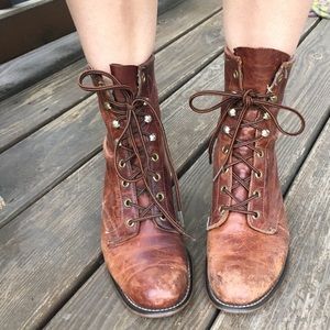 VINTAGE LACE UP WORK BOOTS JUSTIN STYLE LEATHER
